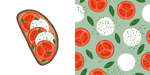 Caprese salad seamless pattern and summer toast
