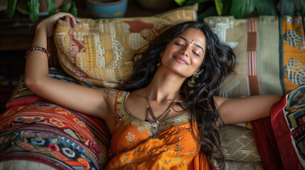 Fototapeta premium young woman laying on the sofa or bed
