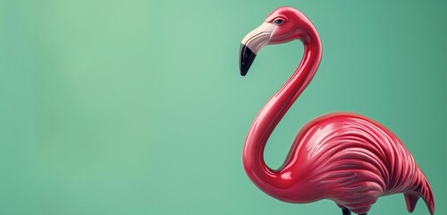 A panoramic view of a glossy, hot pink flamingo figurine, its elegance exaggerated against a...