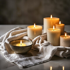 A collection of candles and a bowl, all arranged on a white surface with a towel underneath.