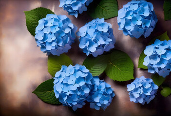 Obraz premium A blue hydrangea flowers on a rustic background