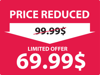 Price Reduced red eye-catching banner for website or social network - creative decorated message on red background - crossed old price and the cheaper one - promo poster. Vector illustration