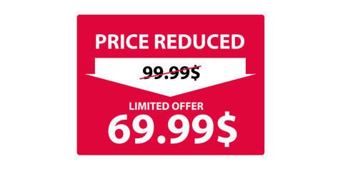 Price Reduced red eye-catching banner for website or social network - creative decorated message on red background - crossed old price and the cheaper one - promo poster.