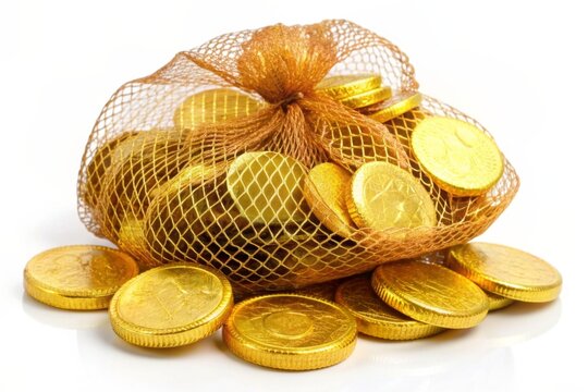 chocolate coin gold in mesh bags on white background.