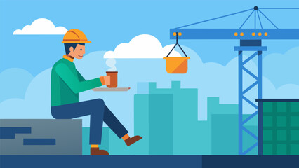 A worker taking a break on the edge of a construction crane enjoying a breathtaking view while taking a sip of coffee.. Vector illustration
