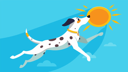 A Dalmatian jumps high in the air its spots glistening in the sunlight as it es the frisbee with expert precision.. Vector illustration