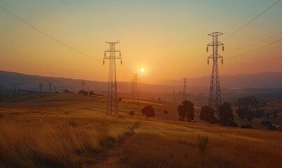 Electricity transmission towers, sunset, beautiful, twilight, a breathtaking scene of towering electricity pylons silhouetted against a vibrant sunset sky