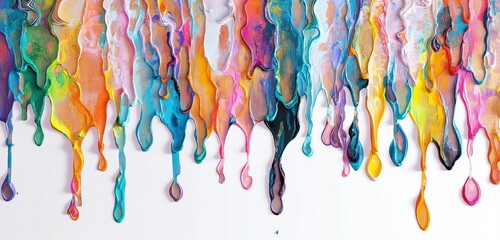 A panoramic view of a series of multicolored, acrylic paint drips, cascading down a pure white...
