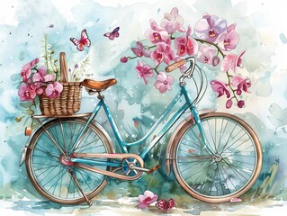 Elegant watercolor illustration featuring a charming bicycle, its basket filled with vibrant Phalaenopsis orchids and playful butterflies, rendered in luminous pastels on a white canva