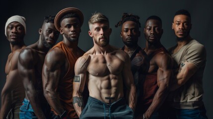 Group of diverse men, each with a story told through their skin, standing confidently in a studio environment