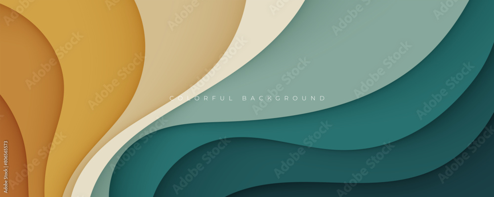 Sticker green and orange abstract wavy papercut layers background gradient shape design vector