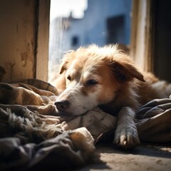 Sad homeless dog dreaming about home.