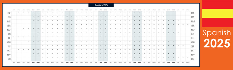 Panoramic long calendar for 2025 in Spanish. Wall planner or organizer with blank copy space
