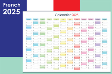 2025 annual wall calendar in French, colorful one page planner with copy space for notes