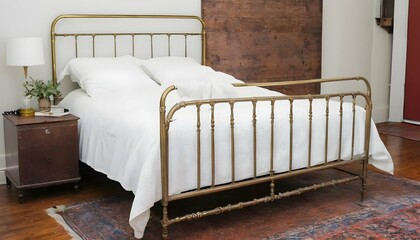 A Vintage Brass Bed Frame With A Tufted Headboard