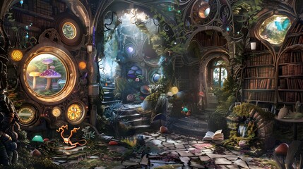 A fantasy scene with a library and a staircase. The scene is whimsical and imaginative