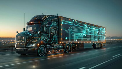 Futuristic truck with digital circuit patterns on the side, driving down an open highway under clear blue sky The cargo trailer is equipped with advanced technology and glowing LED