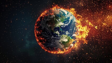 Planet Earth Engulfed in Flames Against Space Background