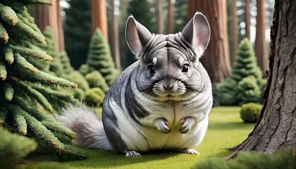 A Chinchilla In A Garden Of Giant Spruces