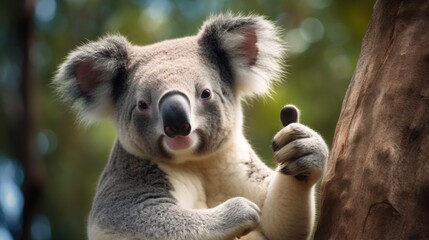 Portrait of friendly koala making thumbs up.