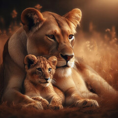 Obraz premium Lioness and lion cub resting on a warmly lit field of tall grass