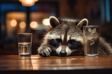 Drinking raccoon with alcohol in a pub.