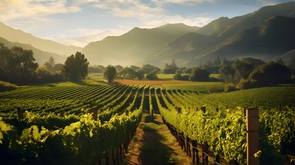 panorama of vineyard in the morning with mountains in the background