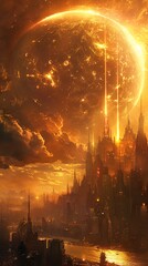The image shows a post-apocalyptic cityscape with a large, glowing moon in the background