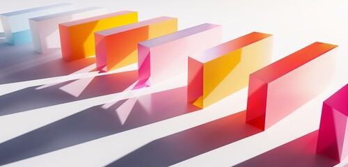 A series of brightly colored, 3D geometric shapes, casting long, dramatic shadows on a stark white...