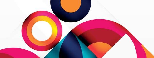 Fototapeta premium Vibrant circles and triangles in electric blue and magenta create a colorful pattern on a white background, showcasing the material property of paint in art