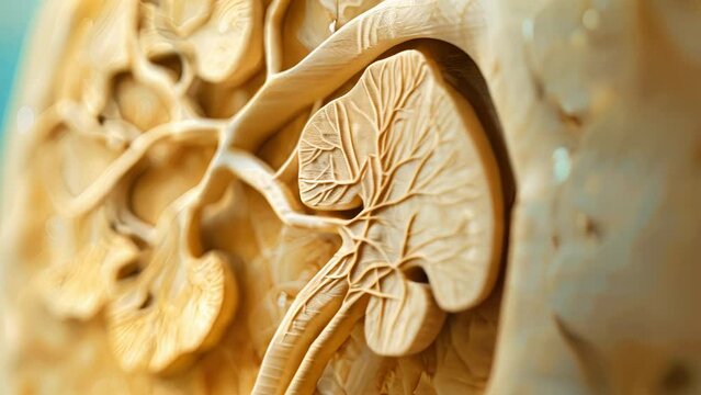 A 3D rendering of a human kidney made of wood.