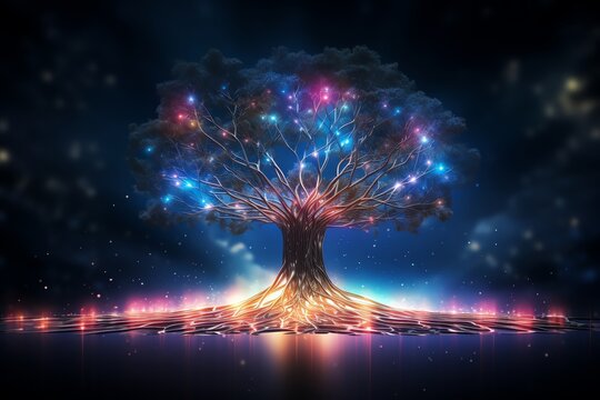 Abstract tech tree, roots glowing, neon web, deep digital connections