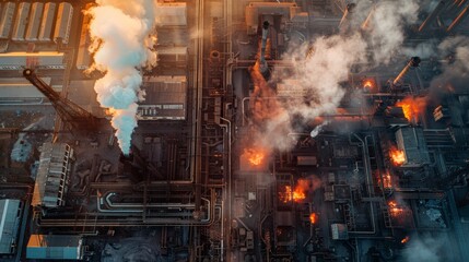 Aerial view capturing the intricate layout of a sprawling steel production factory, with smokestacks and fiery furnaces in operation during the golden hour