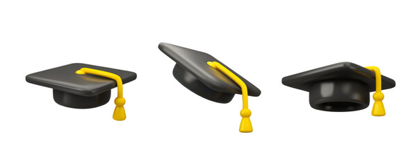 Graduate cap vector 3d icon set. Square academic hat in simple style isolated on white background. Cartoon education design element collection, Oxford cap with tassel