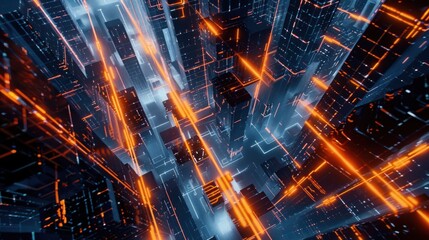 Obraz premium futuristic cityscape with shining holographic blocks, Abstract Cube Background