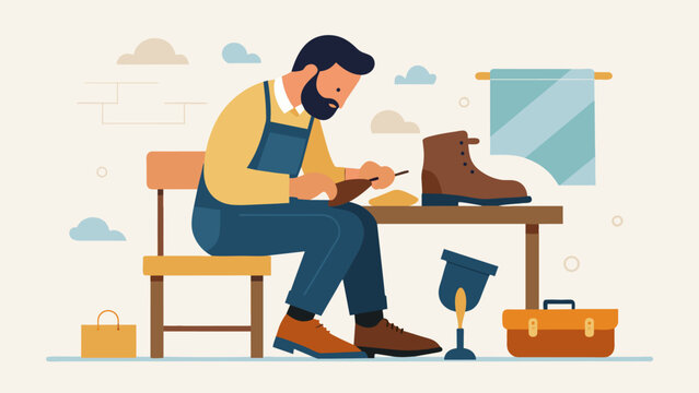 The shoemaker sits at his bench patiently stitching together a pair of leather boots his mind focused solely on his craft.. Vector illustration
