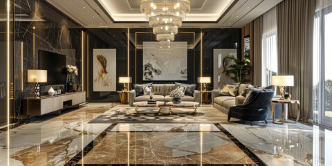 a stock image portraying a chic living room adorned with elegant chandeliers, polished marble floors, and contemporary artwork adorning the walls