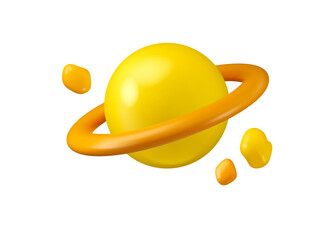 Saturn vector 3d icon. Simple planet cartoon illustration with asteroids isolated on white background.