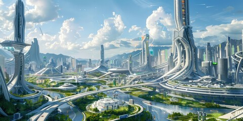 Illustrate a bustling commercial district, alive with activity and energy, where futuristic skyscrapers soar into the sky, connected by sleek sky bridges and adorned with dazzling digital displays
