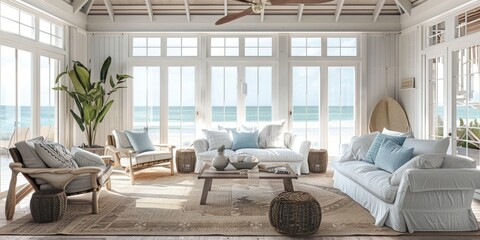 a stock image portraying a breezy beach house living room, featuring airy decor, panoramic ocean views, and nautical accents that invite relaxation and leisure
