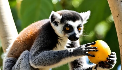 Naklejka premium A Lemur Eating Fruit From A Tree Using Its Hands