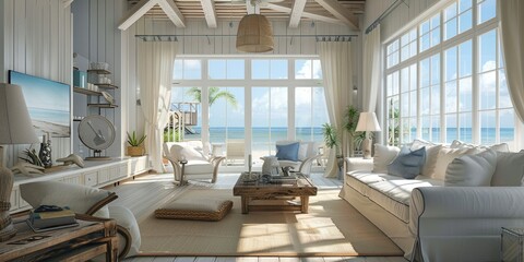 a stock image portraying a breezy beach house living room, featuring airy decor, panoramic ocean views, and nautical accents that invite relaxation and leisure