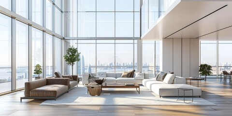 a stock image showcasing a sleek, minimalist living room adorned with plush furnishings and floor-to-ceiling windows flooding the space with natural light