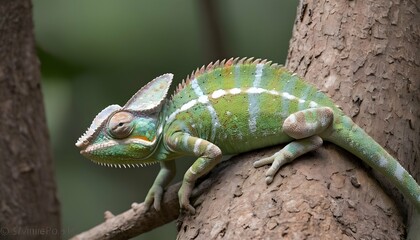 A Chameleon Camouflaged Against A Tree Trunk  3
