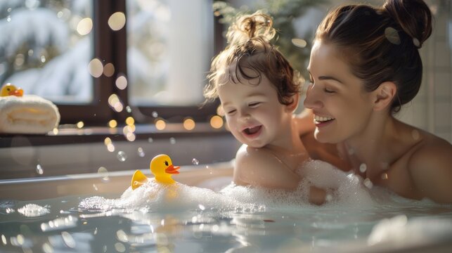A mother and her toddler giggling while the child has a bubble bath, playful rubber ducks floating around
