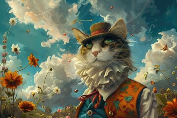 Top Hat-Wearing Cat's Journey Through a Surreal World - obrazy, fototapety, plakaty