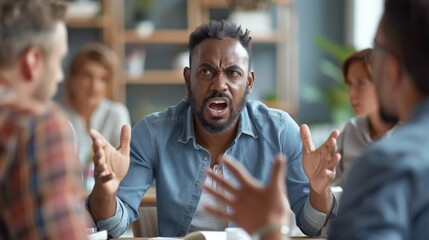 Fototapeta premium An intense meeting with a team member raising their voice over others, showing signs of anger and dominance