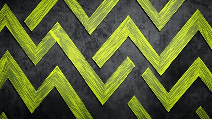 A sharp, zigzag pattern of electric lime green lines against a charcoal grey background, their...