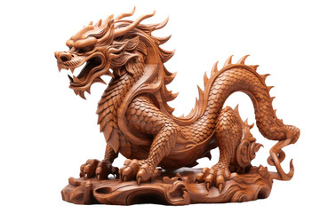 Fototapeta premium Vintage carved wooden dragon figurine, Chinese style mythic creature sculpture, brown wood texture decor for Asia-inspired design isolated on Transparent Background