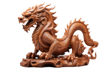 Mystical Wooden Dragon Guardian on White or PNG Transparent Background.